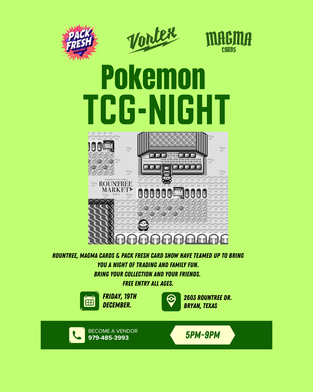 Vortex, Pack Fresh Card Show & Magma Cards present Pokemon TCG NIGHT at Rountree logo