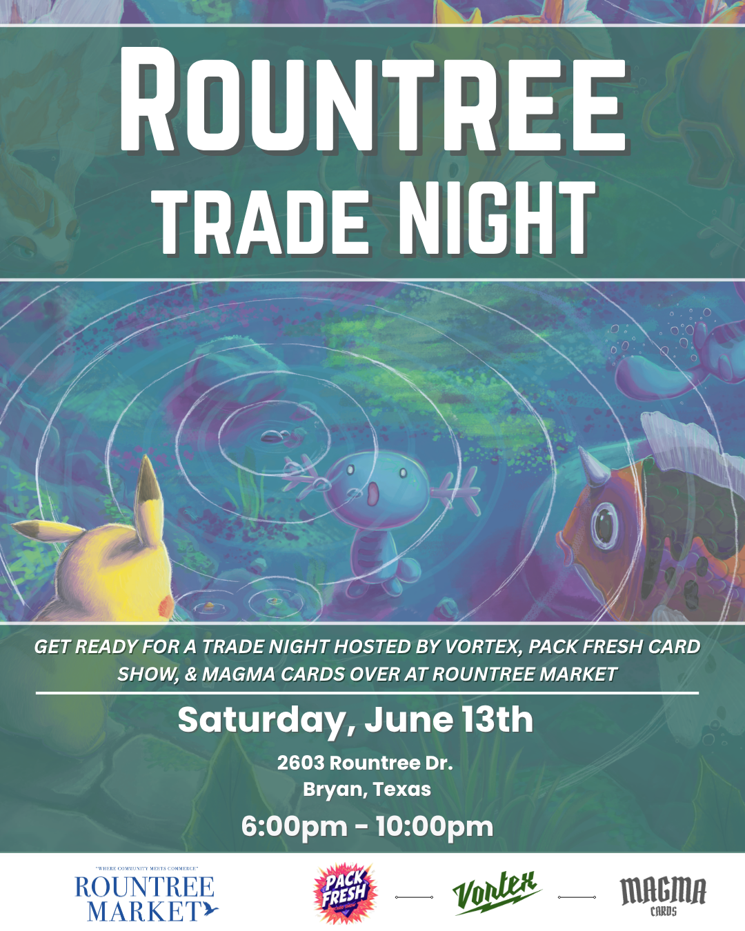 Vortex & Pack Fresh Card Show Present Pokemon TCG NIGHT at Rountree logo