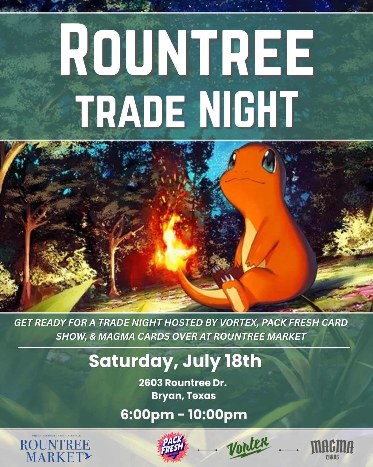 Rountree TCG NIGHT presented by Vortex, Pack Fresh Card Show & Magma Cards logo