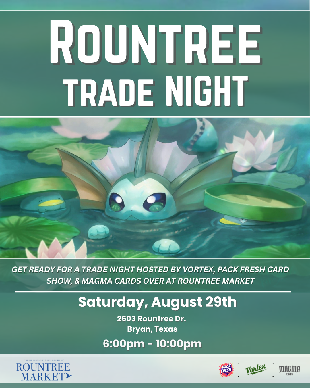Rountree TCG NIGHT presented by Vortex, Pack Fresh Card Show & Magma Cards logo