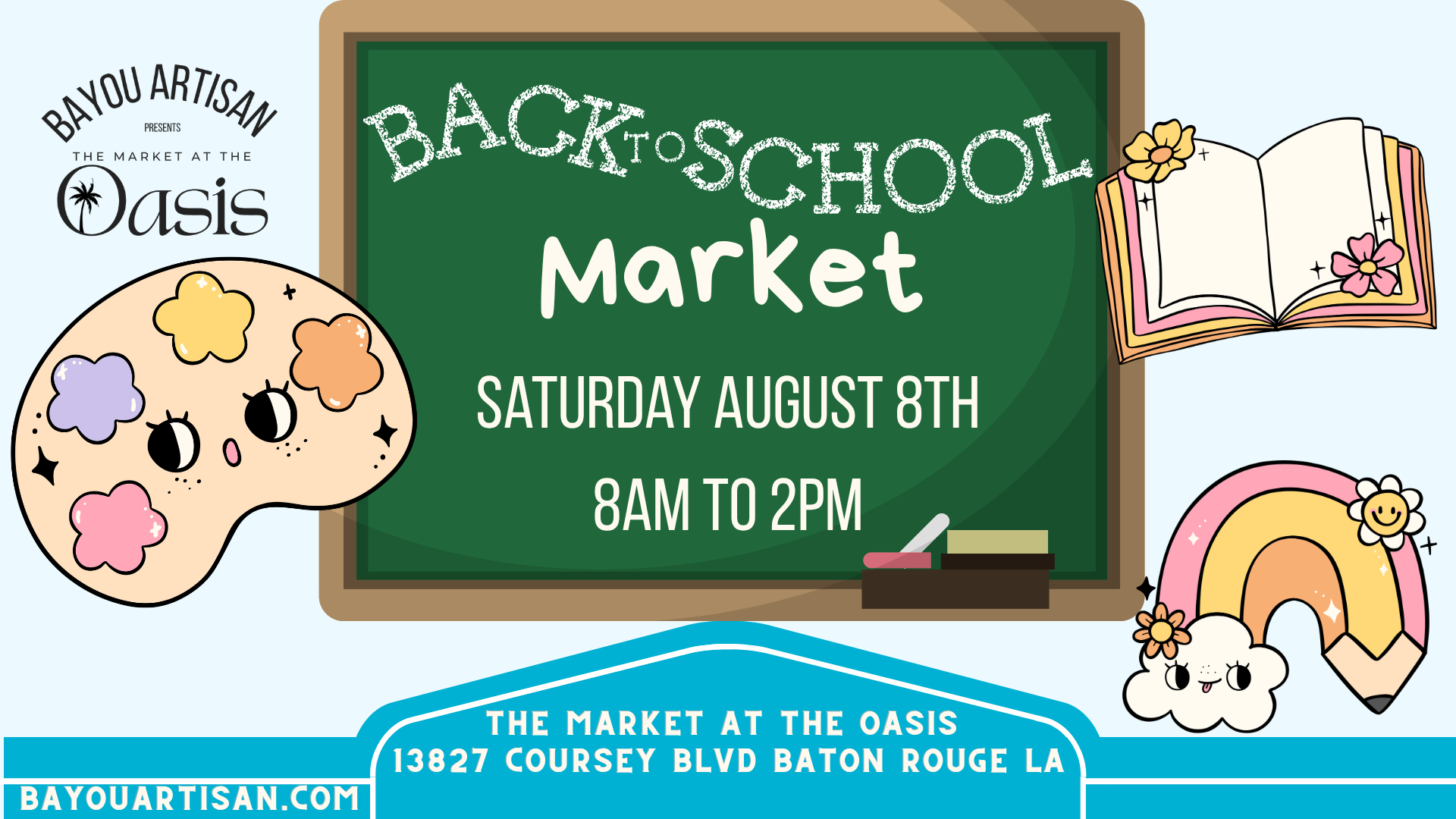 August 8th 2026- Bayou Artisan present the Market at the Oasis logo